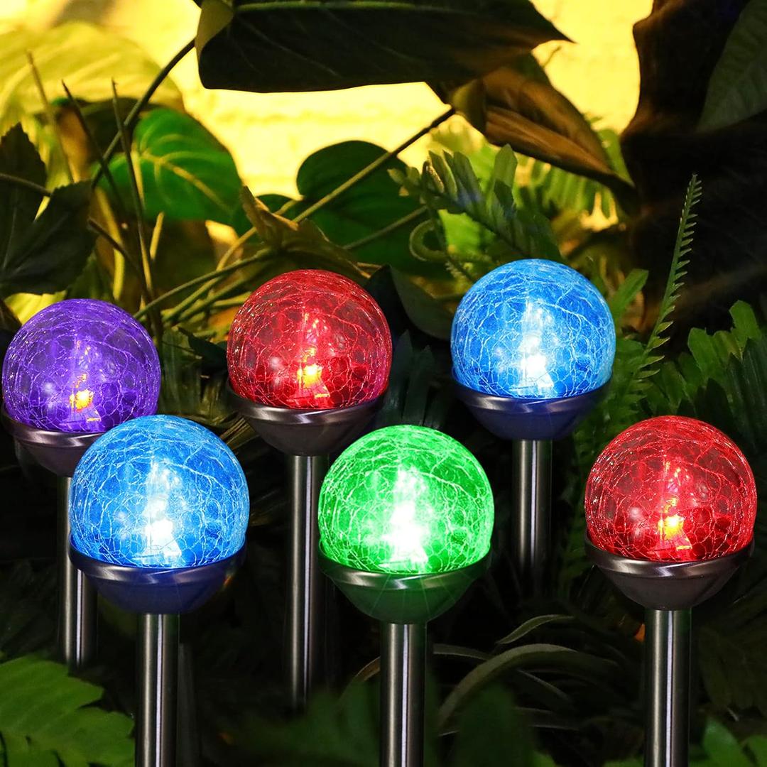 Honoson 6 Pieces Crackle Glass Solar Lights LED Color Changing Outdoor Lawn Lights for Garden Decor Patio Pathway Lawn Yard Landscape