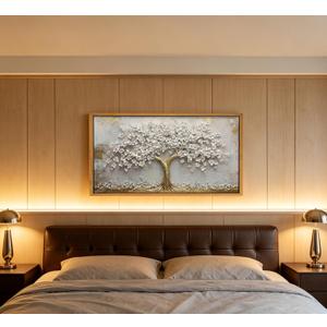 Framed 3D Texture Large Tree of Life Canvas Wall Art Gold and White Flower Big Tree Painting Picture Wall Decor Botanical Floral Poster Print Artwork for Living Room Dining Bedroom, 40"L x 20"W