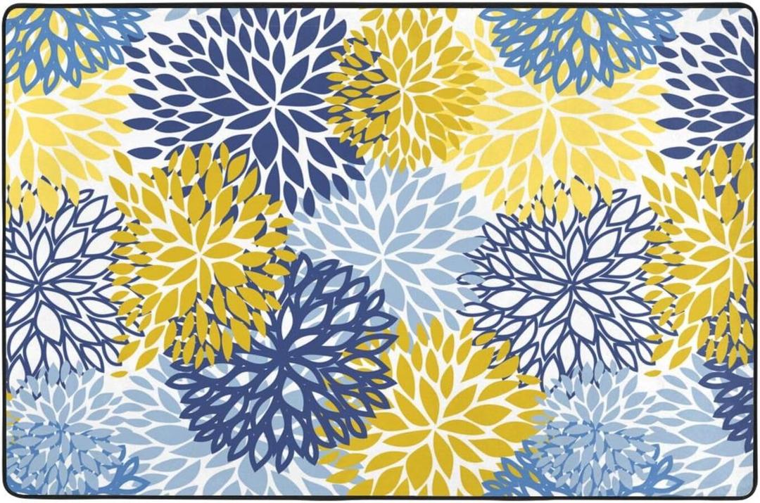 Blue Yellow And Navy Chrysanthemum Flowers Area Rug Non-Slip Soft Microfiber Washable Inside Floor Mats Daisy Floral Throw Rugs Carpet For Living Room Bedroom Office Dorm Home Decor, 36x24 Mat