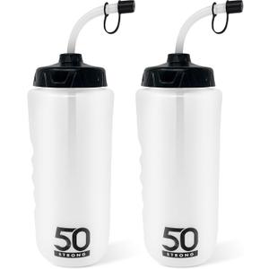 50 Strong 1 Liter Water Bottle with Straw 2-Pack Easy-Squeeze Sports Bottles with Long Straw & Built-In Finger Grip BPA-Free Made in USA Ideal for Hockey, Football, Lacrosse & Boxing
