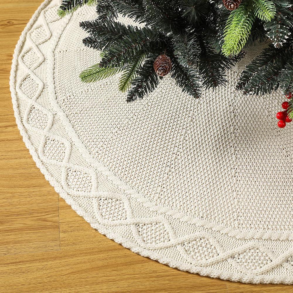 Sattiyrch Knit Christmas Tree Skirt – Classic Cable Knit Tree Base Wrap with Tie Closure – Cozy Holiday Décor for 4–6 ft Christmas Tree (White, 36in)