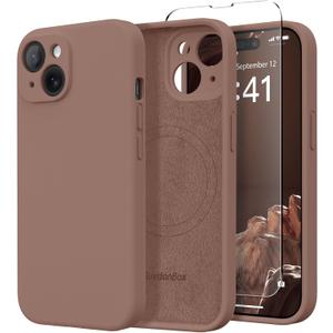 Magnetic for iPhone 15 Case, Compatible with MagSafe, [Screen Protector + Full Camera Protection], Silicone Shockproof Anti-Scratch Protective Phone Case for iPhone 15 6.1", Brown