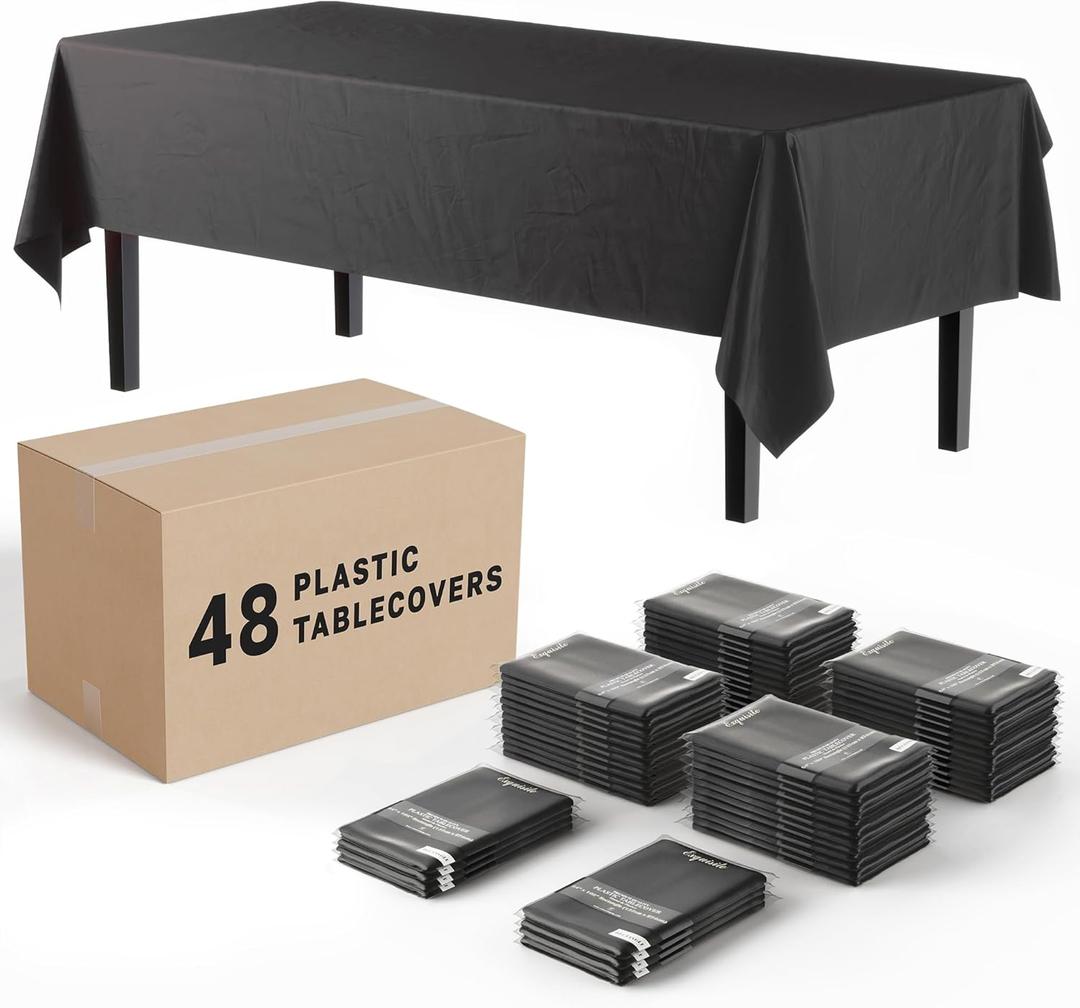 Party Solids Black Tablecloths for Rectangle Tables 48 Pack Plastic Table Cloth Disposable 54" X 108" Black Table Cloths Rectangle Tablecloth Plastic Tablecloths Rectangular for Party Supplies