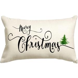 Jbralid Christmas Pillow Covers Merry Christmas Tree Linen Throw Pillow Case Cushion Cover for Sofa Chair Home Decoration 12x20 Inch, White