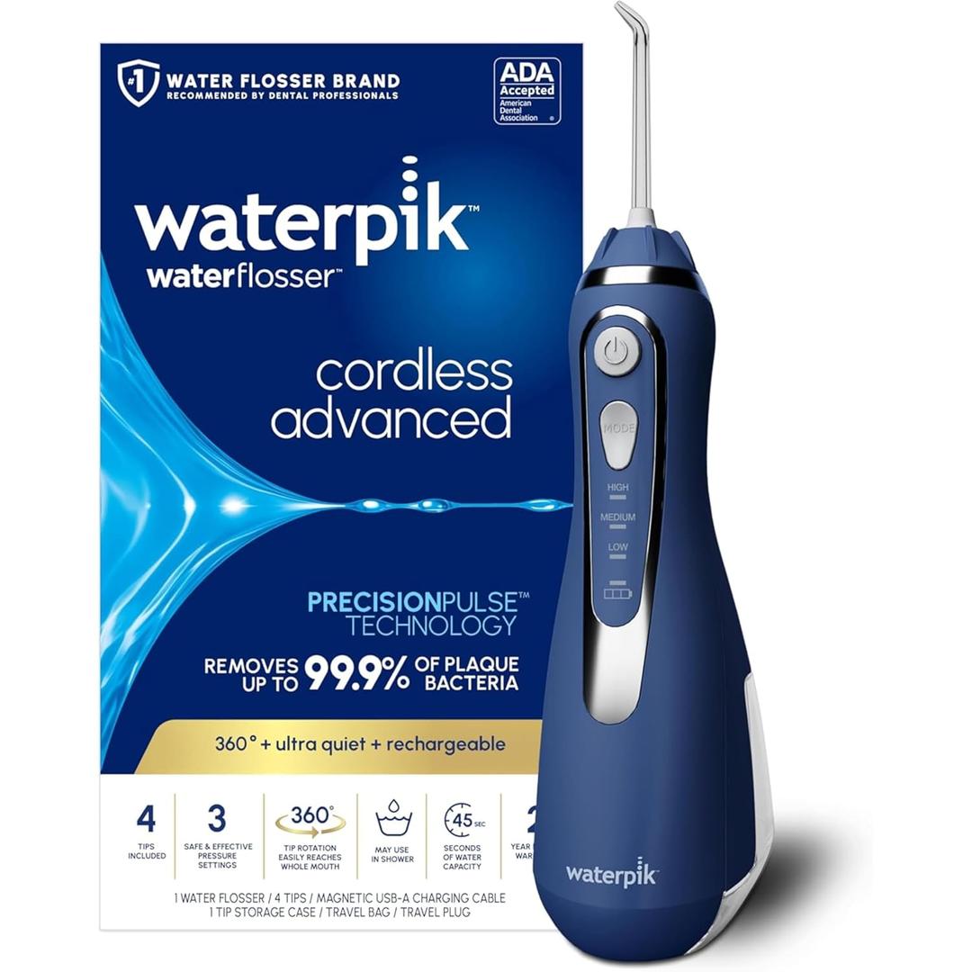 Waterpik Cordless Advanced 2.0 Water Flosser For Teeth, Gums, Braces, Dental Care With Travel Bag and 4 Tips, ADA Accepted, Rechargeable, Portable, and Waterproof, Blue WP-583