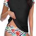 Holipick 2 Piece Rash Guard for Women - Short Sleeve Swim Shirt UPF 50+ Zip Up Swimsuit with Built in Bra (Medium, Black Palm Leaves)