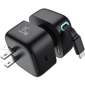 Retractable Wall Charger, 35W PD Fast Charger Block with Type C Retractable Cable (31.5 inch) and Type C Ports, Portable Charger Adapter for iPhone 17/16/15 Pro Max/Galaxy/Pixel & More