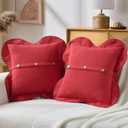 FUTEI Pack of 2 Chenille Buttons Throw Pillow Covers 18x18 Inch Four-Leaf Clover Shape Scalloped Bordered Decorative Cushion Case Farmhouse Accent for Couch Living Room, Red