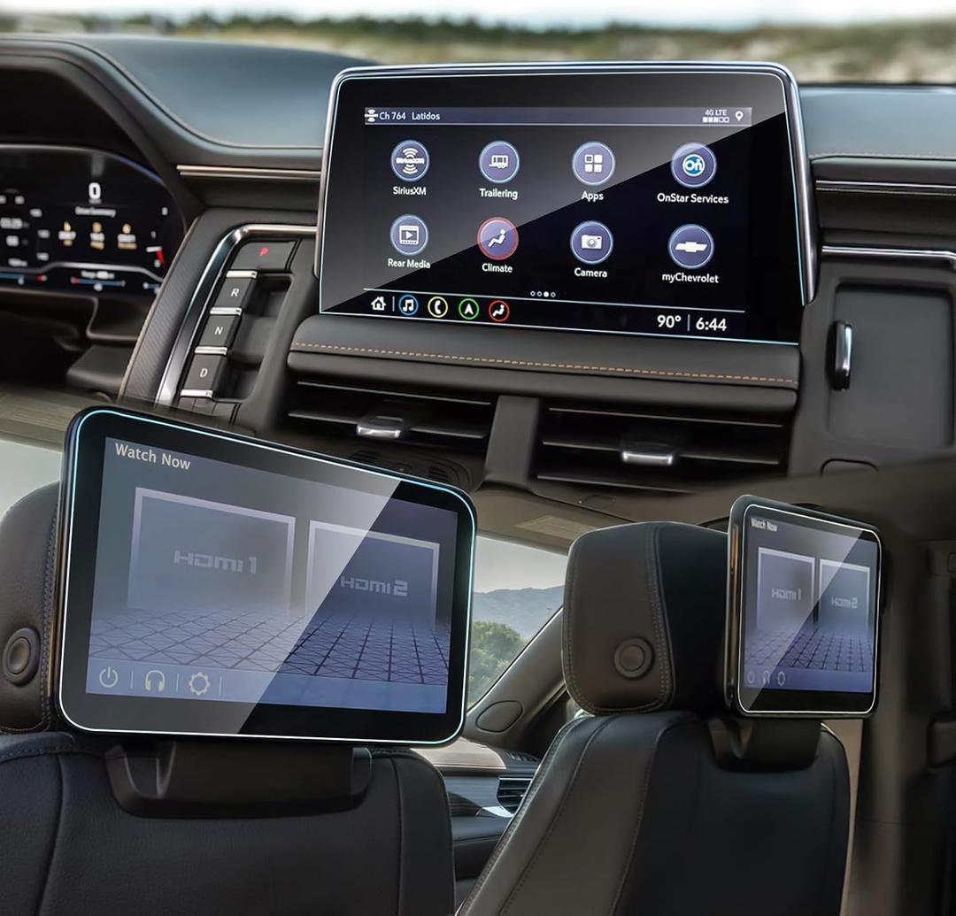 3PC Screen Protector Compatible with 2021-2025 Chevy Tahoe Suburban & GMC Yukon Accessories, Tempered Glass Protective with 10.2In Infotainment Screen & 12.6In Rear-Seat Screen Film