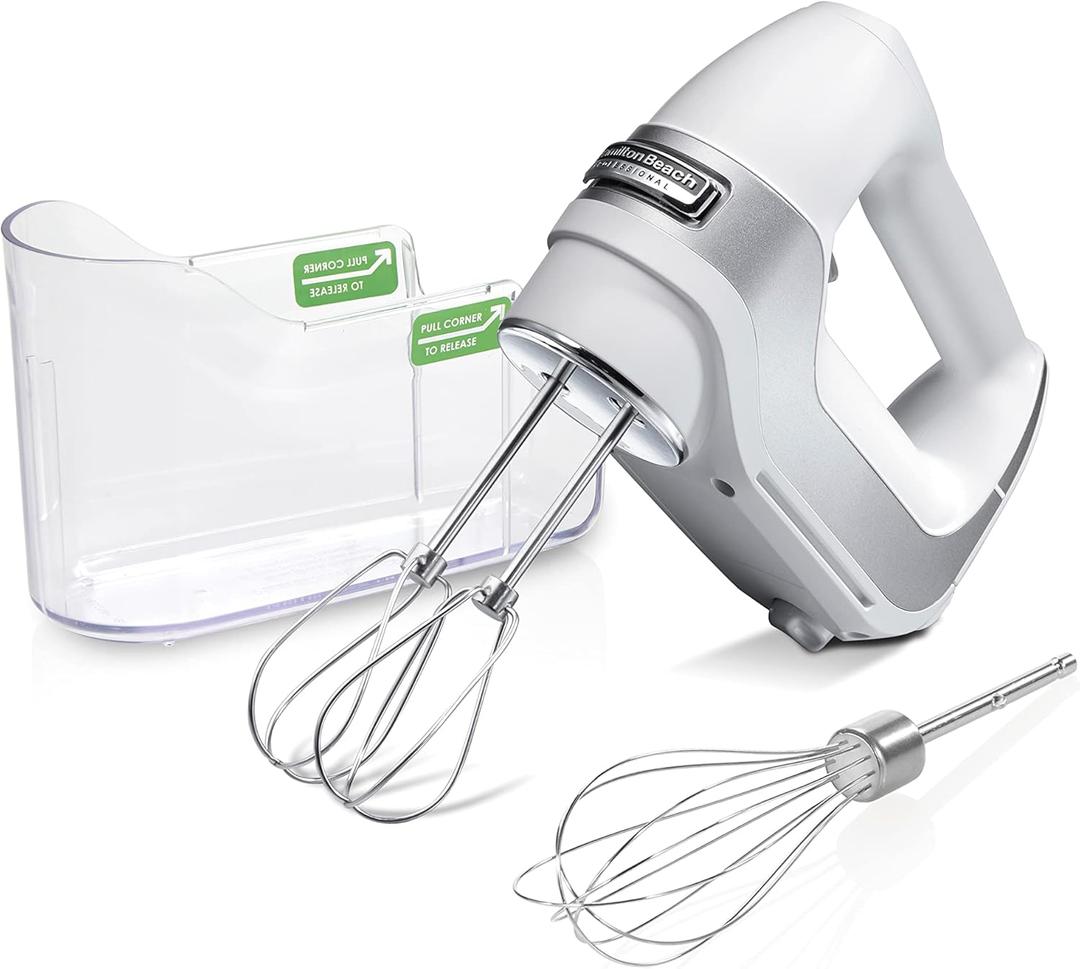 Hamilton Beach Professional 5-Speed Electric Hand Mixer with High-Performance DC Motor, Slow Start, Snap-On Storage Case, Stainless Steel Beaters & Whisk, White (62652)