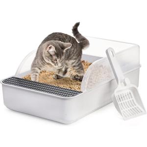 Lawei Open Top Cat Litter Box with High Side, Anti-Splashing Cats Litter Pan with with Litter Sifting Scoop, Semi-Closed Detachable Cat Cleaning Basin Kitten Toilet for Small Animal/Rabbit