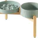 Ceramic Raised Slow Feeder Dog Bowl Set, Elevated 7.3inch Bowl and 8.2inch Slow Pet Food Dish with Wooden Stand for Medium and Large Dog (2 x Light Green+ Stand)