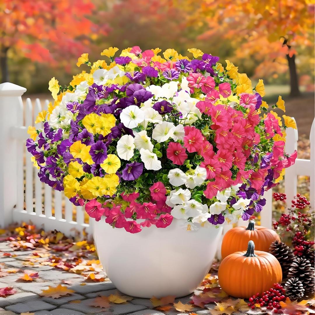 Artificial Flowers for Outdoors Decoration, 12 Bundles Silk Faux Flower Uv Resistant Artificial Outdoor Flowers Morning Glory with Eucalyptus, Fake Plants Petunia for Home Garden Balcony Yard Porch