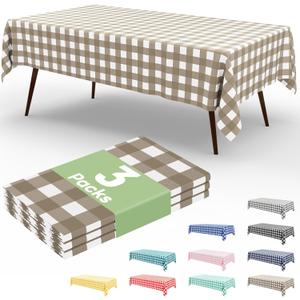 misaya 3 Packs Buffalo Disposable Table Cloth, 54 x 108 Inch Waterproof Plastic Tablecloth, Rectangle Khaki and White Checkered Table Covers for Picnic, Birthday, Party