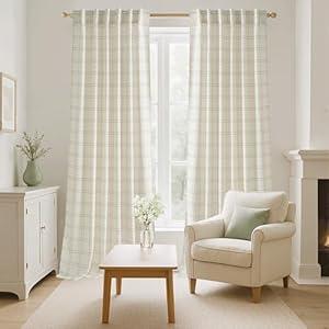 RYB HOME Plaid Curtains for Farmhouse, Light Filtering Privacy Gingham Patterned Linen Blend Curtains for Living Room and Bedroom Drape with Rod Pocket Tabs, W52 x L90, Light Beige, 2 Panels
