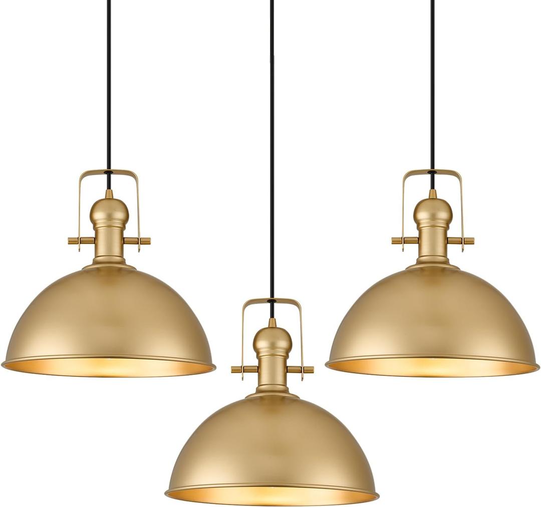 12 Inch Gold Farmhouse Pendant Lights Matte Pendant Lights for Kitchen Island Industrial Adjustable Height Vintage Dome Hanging Light Fixtures for Barn, Dining Room 3 Packs