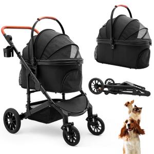 Bicystar Dog Stroller with Detachable Carrier, Rubber Wheels, 50 lbs, Black