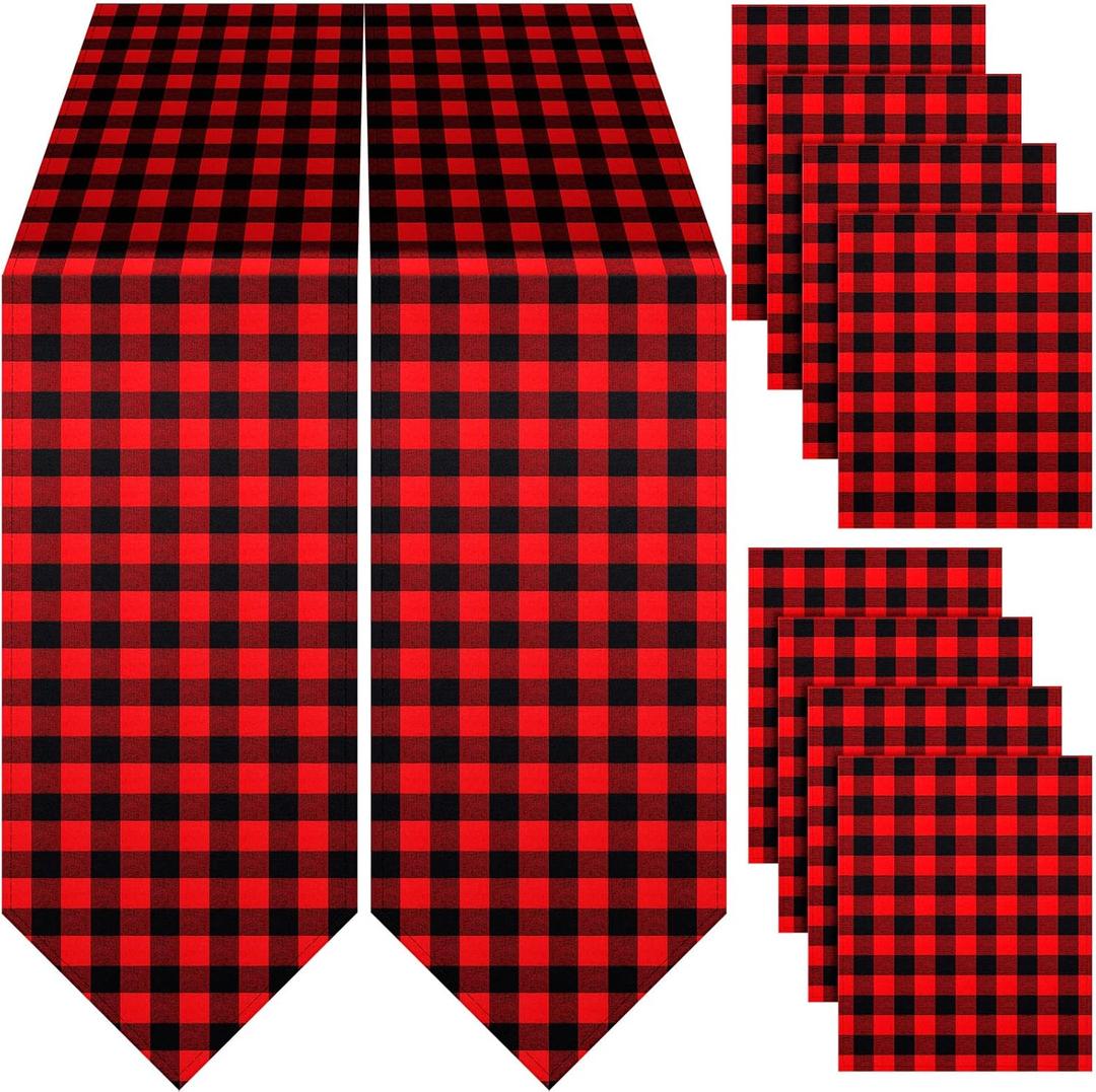 Breling 10 Pcs Buffalo Check Table Runners and Table Placemats Set, 2 Pieces 12 x 72 Inches Buffalo Plaid Black and Red Checkered Table Runner and 8 Pieces Table Placemats for Christmas Party Supplies