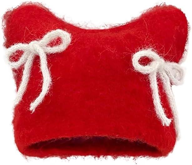 Women Fluffy Knit Beanie Hats Cute Bow Knot Cat Ear Hat Y2k Aesthetic Accessories Kawaii Stuff (One Size, Red)