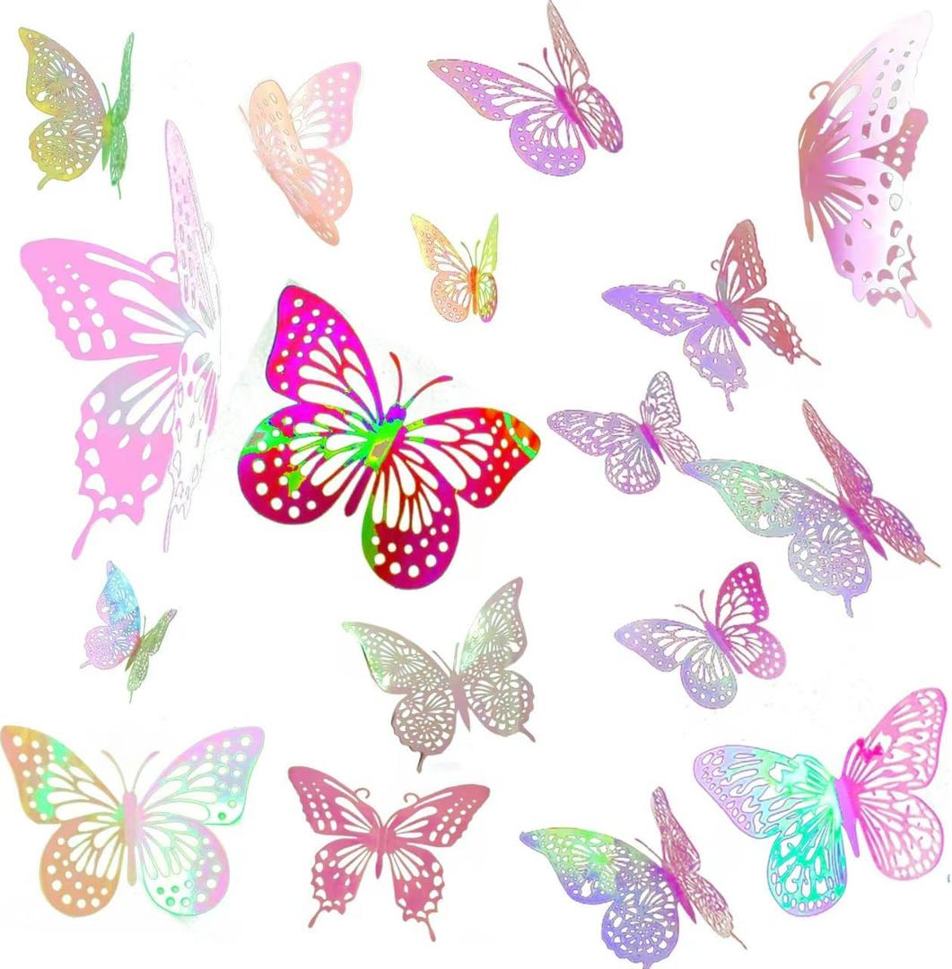 3D Butterfly Wall Stickers 3 Sizes 4 Styles Butterflies Wall Decorations Party Decorations Birthday Crafts Cake Nursery Decorating Wall Stickers Decor for Baby Room Kids (48 pcs Laser Pink)