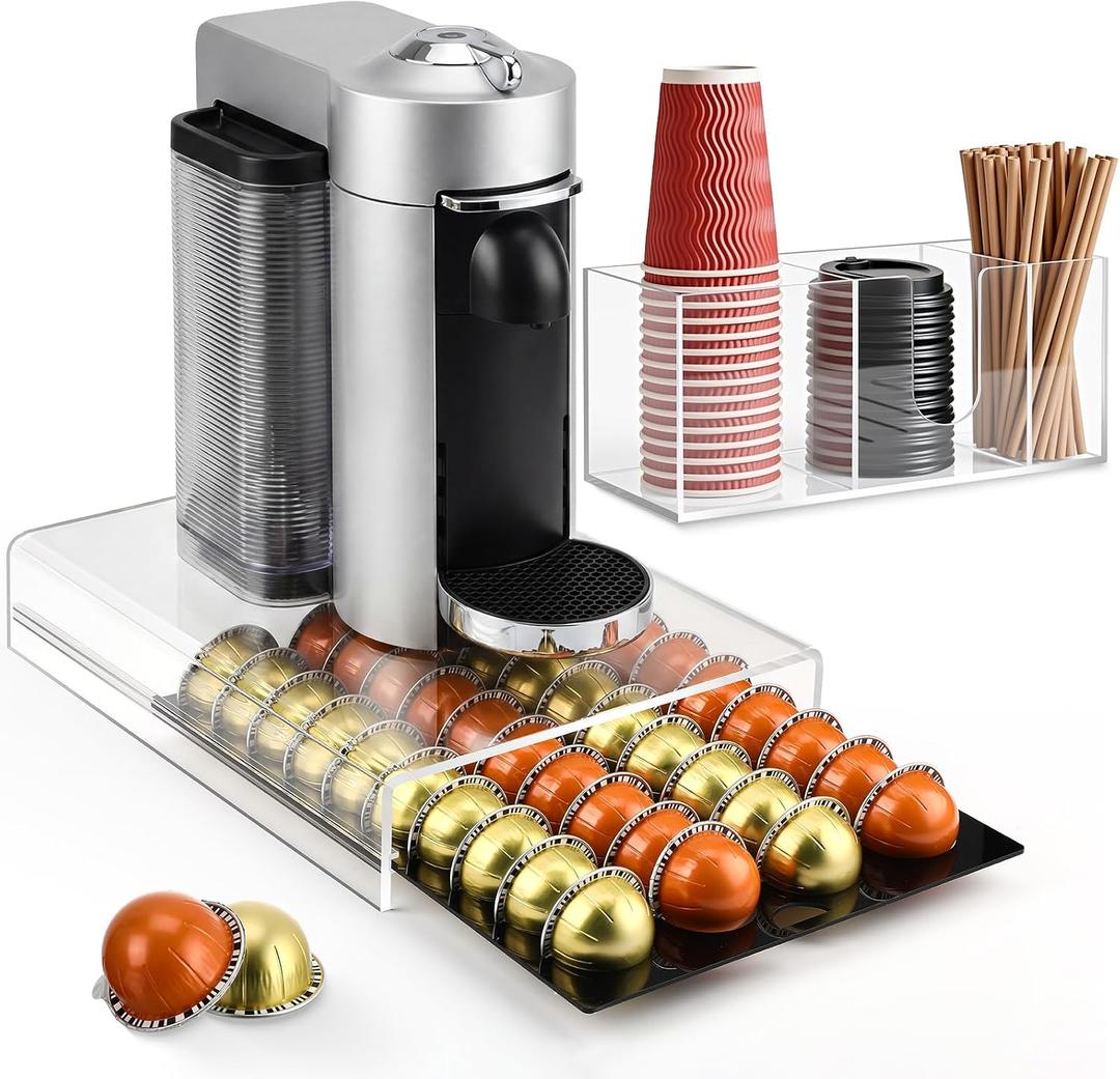 Coffee Pod Drawer Organizer with Clear Station Organizer Compatible with Nespresso Vertuo Acrylic Coffee Capsule Holder Drawer Machine Accessories 40 Pods