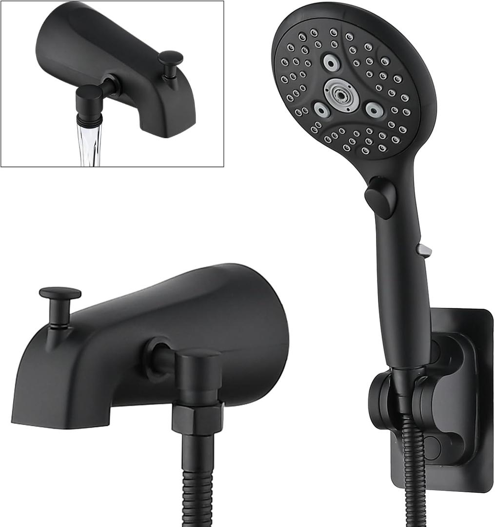 PROOX All Metal Tub Spout with Diverter Matte Black, 6 Settings Hand held Shower with ON/Off Pause Switch, Bathtub Faucet with Sprayer