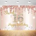 7x5ft Rose Gold Sweet 16 Backdrop for Girls Happy 16th Birthday Party Decorations Sweet 16 Photography Background Cake Table Banner Supplies Photo Booth Props