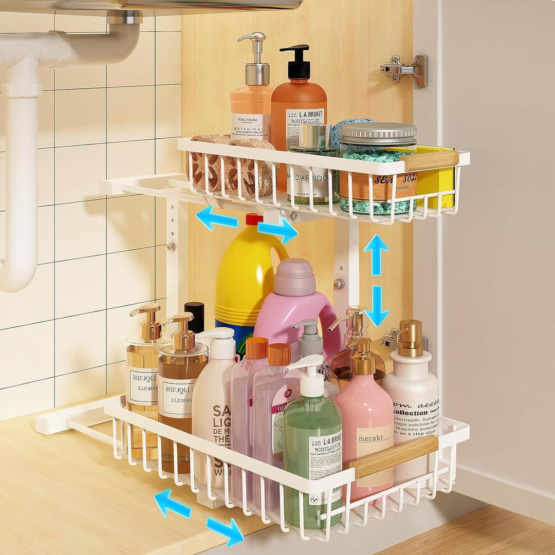 REALINN Under Sink Organizer, Height Adjustable Under Sink Organizers and Storage, 2 Tier Pull Out Drawer Cabinet Storage for Kitchen Bathroom, 1 Pack, White