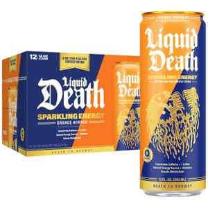 Liquid Death Sparkling Energy - Orange Horror (Orange and Cream), Zero Sugar Energy Drink, Unextreme Caffeine 100mg, Essential Vitamins, 12 Fl Oz (Pack of 12)
