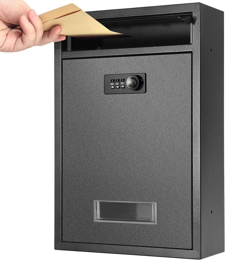 Wall Mount Mailbox, Combination Lock Mail Boxes for Outside, Safe Drop Box with Code, Metal Secure Hanging Mailbox for Home School,12.8H x 8.6L x 3.3W Inches,Black