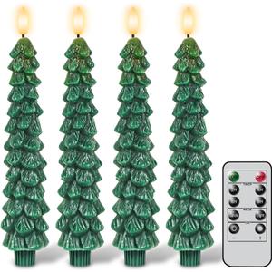 GenSwin Christmas Tree Flameless Taper Candles with Remote Timer, Christmas LED Taper Candles with 3D Flame, 4 Pcs Green LED Candlesticks for Christmas Home Decoration(0.78 x 9.8)