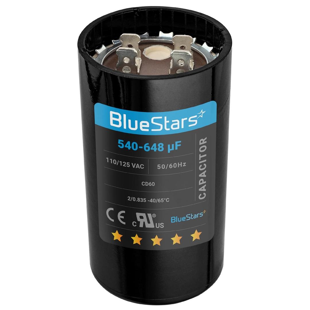 [2025 Updated] BlueStars 540-648 uF MFD 110-125 VAC Volt Run Round Start Capacitor 20% CD60 Replacement Part - Fit OEM Single Phase Motor Capacitors Condenser Straight Cool Heat Pump Air Conditioner
