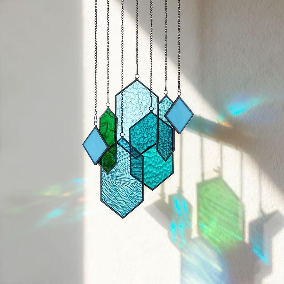 Stained Glass,Window Decor,Stained Glass Suncatchers Window Hanging,Modern Design Home Decor,Gifts for Couples, (Blue-Green)