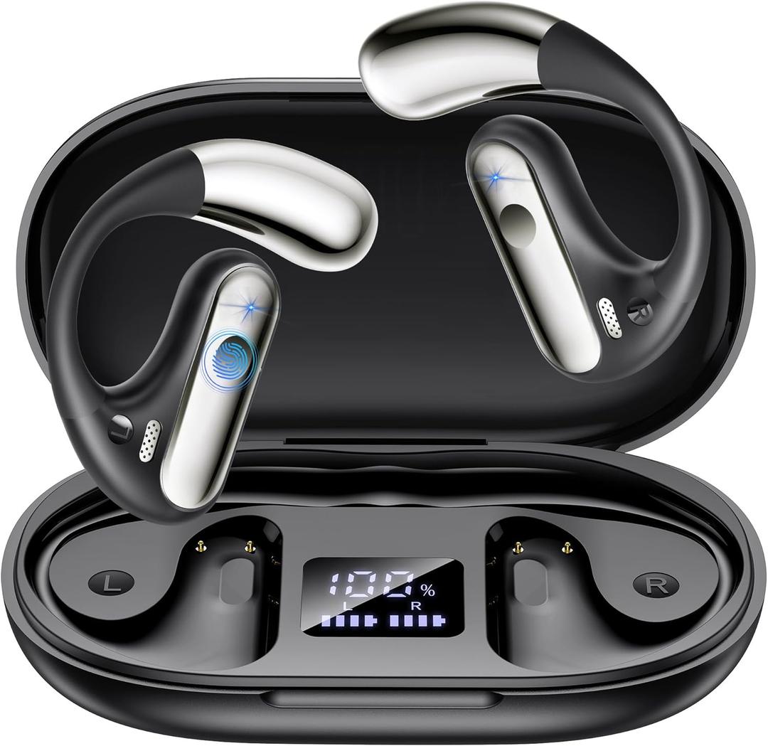 Open Ear Bluetooth 5.4 Earbuds, 2025 Wireless Headphones Sport Over Earphones Built-in Mic with Ear Hooks 50H Playtime Ear Buds LED Display Charging Case, Waterproof Design for Running Fitness, Black
