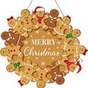 Yousoontic Merry Christmas Gingerbread Man Wreath, Wooden Gingerbread Man Front Door Hanging Sign for Holiday Xmas Indoor Outdoor Home Door/Wall Decor, 11.8 Inch
