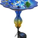 John's Studio Peacock Bird Bath for Outdoor - Glass Bowl Solar Light Bird Baths Cage Outside Dish Bird Feeder with Metal Stake for Garden, Yard and Patio - Blue 32 inches