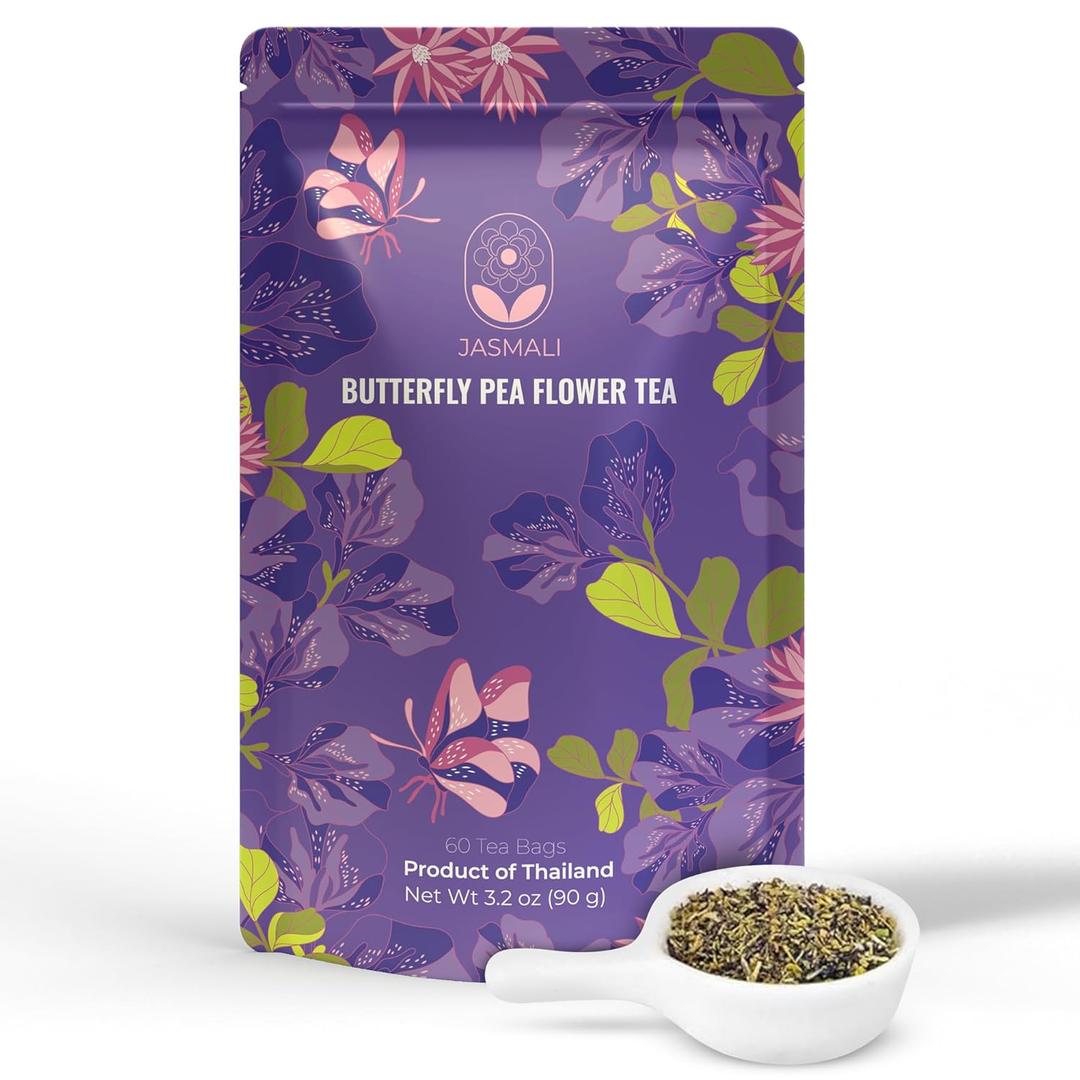Jasmali Butterfly Pea Flower Tea - 60 Tea Bags, Herbal Tea, Vacuum Sealed for Freshness, Sourced from Thailand, Caffeine Free, Gluten Free, Vegan, Plant-Based, Blue Pea Flower Tea