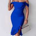 CHICME Womens Sexy Bodycon Party Dress Off The Shoulder Pearls Strap Midi Dress Ruffle Hem Cocktail Dresses (Blue)