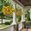 lovemoon 2 Set Artificial Outdoor Pansies Flowers with Hanging Baskets, 2 Hanging Planters with 24 Pcs Silk Pansy Flowers for Spring Easter Decorations Porch Patio Home Decor (2, Purple, Yellow)