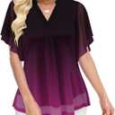 onlypuff Womens Double Layered Tunic Tops Half Sleeve Floral Double Layered Sheer Flowy Blouse Round/V Neck Casual Shirts (XL)