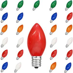 C7 LED Replacement Bulbs, 25 Pack Multicolor Christmas Light Bulbs for Outdoor String Lights, Patio Xmas Tree Holiday Party Wedding Prom Decor, E12 Candelabra Base (Colorful)