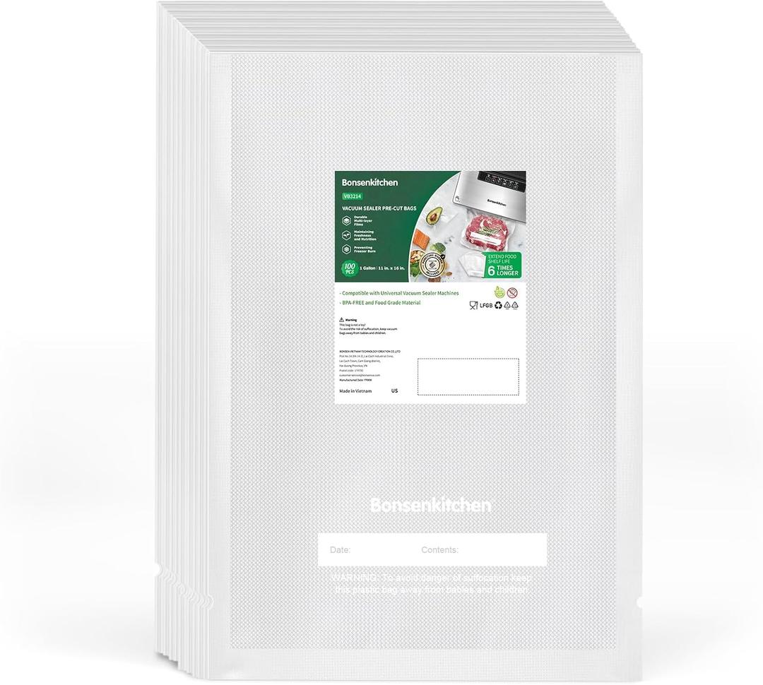 Bonsenkitchen Precut Vacuum Sealer Bags, 100 Gallon 11" x 16" Food Sealer Bags, Food Grade, BPA Free, Heavy Duty, Customized Vacuum Bags for Vac Storage, Meal Prep or Sous Vide Cooking, VB3214
