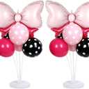 Pink Mouse Party Balloons Stand Kit 2 Sets with 2 Bow Foil Balloons Cartoon Mouse Themed Party Centerpiece for Table Pink and Black Bow Girls Women Gender Reveal Baby Shower Birthday Party Decoration
