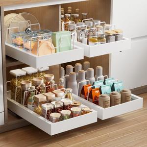 2 Pack Pull Out Cabinet Organizer with 8 Dividers, 21.8" Deep Slide Out Drawer for Cabinets Adhesive Pull Out Drawers Heavy Duty Pull Out Shelf for Kitchen, Cupboard, Pantry, Bathroom(White)