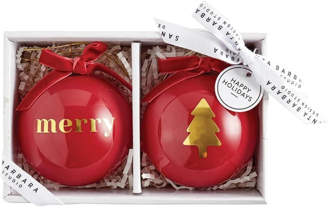 Santa Barbara Design Studio Christmas Glass Ball Ornaments Gift Boxed Ornaments, Set of 2, Red/Merry