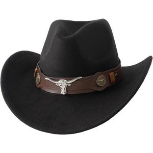 Jastore Kids Western Hats Boys Girls Cowboy Felt Hat Jazz Fedora Cowgirl Hats with Belt Buckle (6-12 Years, Black)