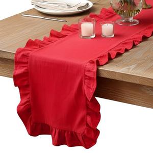 Oudain Red Ruffle Table Runner Cotton Fabric 118 x 13.8'' Farmhouse Rustic Ruffled Edge Table Runner Wedding Decor for Spring Baby Shower Bridal Shower Party