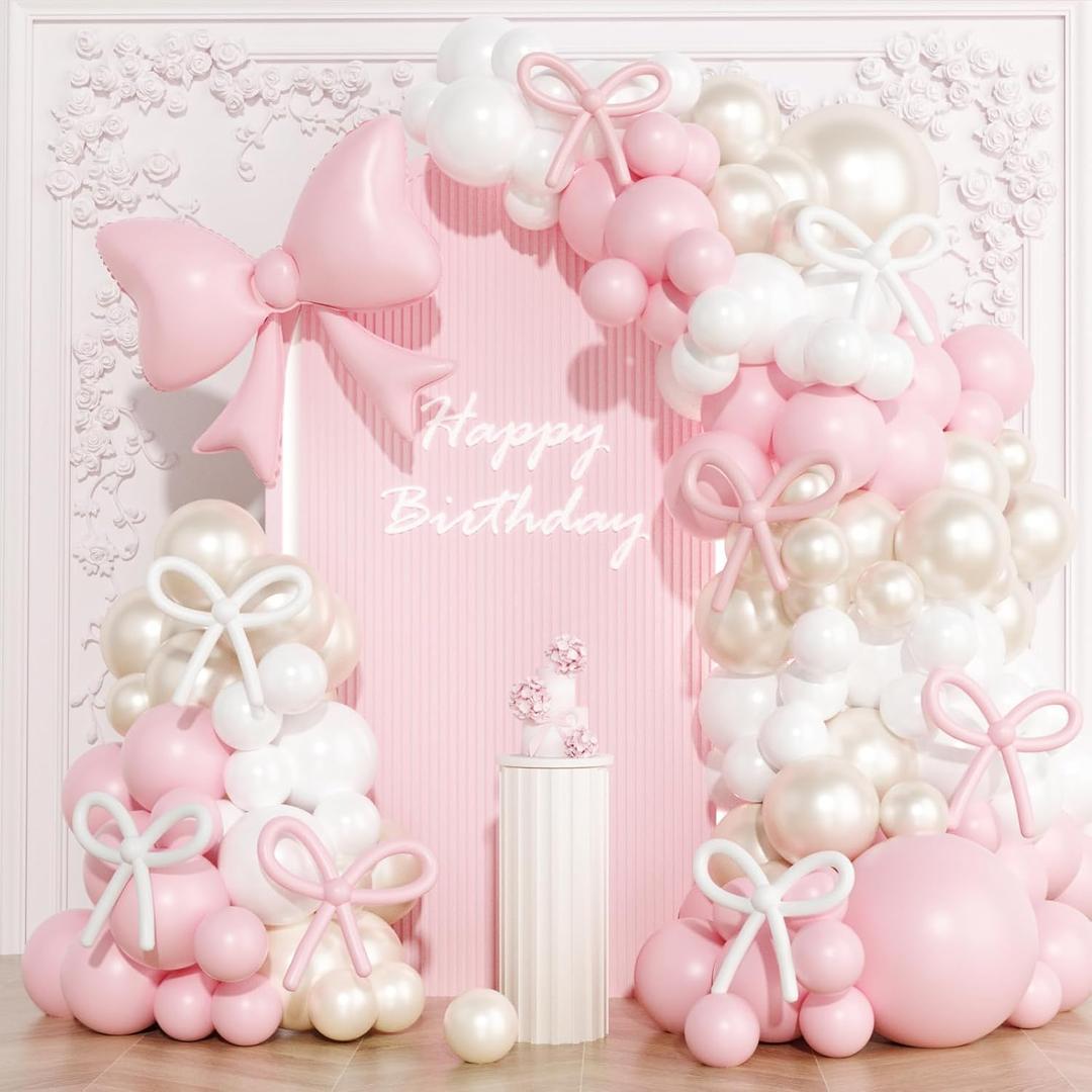 Coquette Birthday Decorations, 149 Pcs Pink and Pearl White Balloon Garland Arch Kit and Pink Bow for Girls Baby Shower Bridal Bachelorette Party Baby Shower