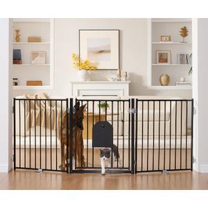 No Pawblems Dog Gate with Cat Door, Free Standing 30'' Tall Foldable Dog Fence for Indoor & Outdoor, Up to 78 Inch Extra Wide Puppy Gate for Stairs, Hallways, Doorways, Deck, Yard (Black, 3 Panels)