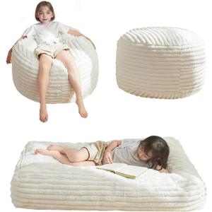 MAXYOYO Kids Bean Bag Chair Bed, Convertible Children Chair to Floor Mattress with Filler, Faux Fur Bean Bag Bed Stuffed Child Sofa Couch for Girl Boy Sleeping, Machine Washable Cover, Beige (Standard, Plush Corded - Beige)